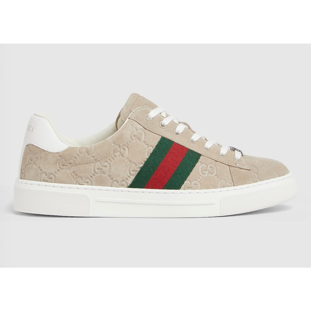 Gucci Ace Web GG Logo Oatmeal Beige Suede Flat Low Top Trainer Sneakers 41 - Picture 3 of 16